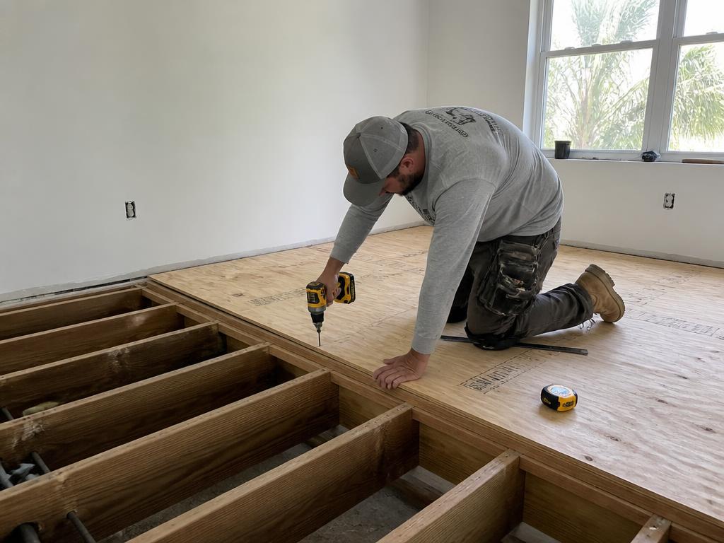 Technician screwing down new plywood subfloor sheets in a bedroom